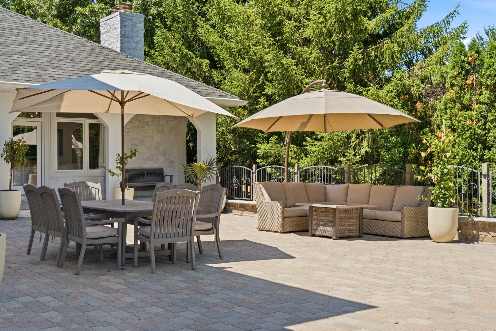 Rear of home — open lawn and privacy plantings